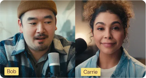 Split-screen of Bob and Carrie in front of a microphone having a conversation.